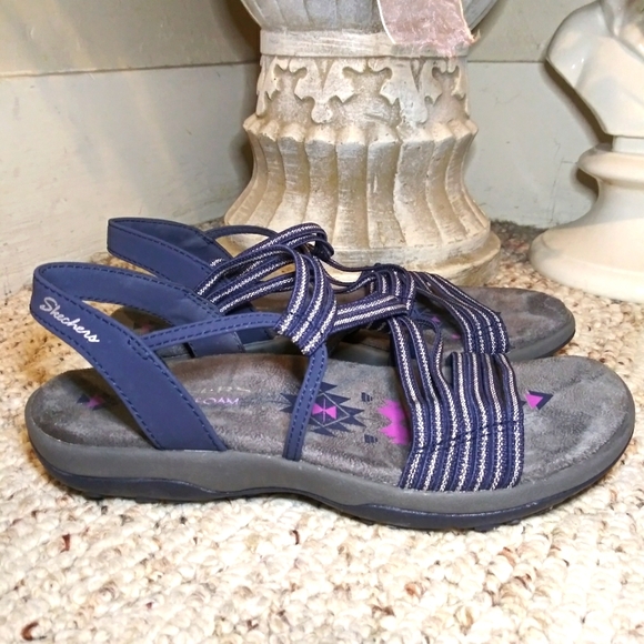 Skechers Shoes - Skechers Reggae Slim "Stretch Slinky" Navy & Silver Washable Memory Foam Sandals